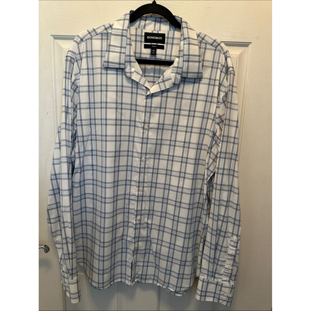 Bonobos Men's White and Light Blue Plaid Dress Shirt Slim Fit Size XXL